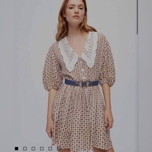 Maje/Doen PRINTED LINEN DRESS, EMBROIDERED COLLAR